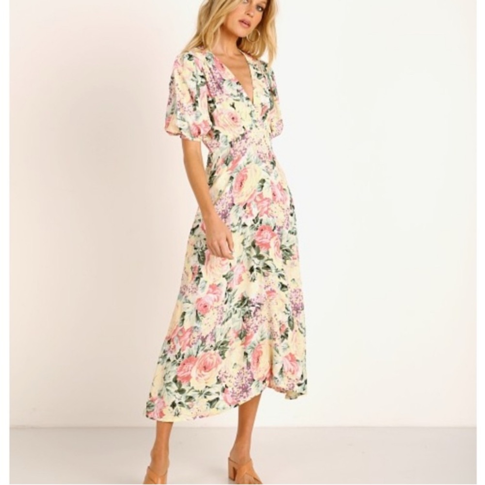 NWT Faithfull the Brand Pink and Yellow Ruffled Wrap Midi Dress